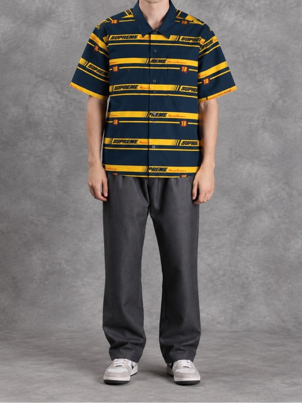 Supreme Navy and Yellow Striped Shirt racing work shirt